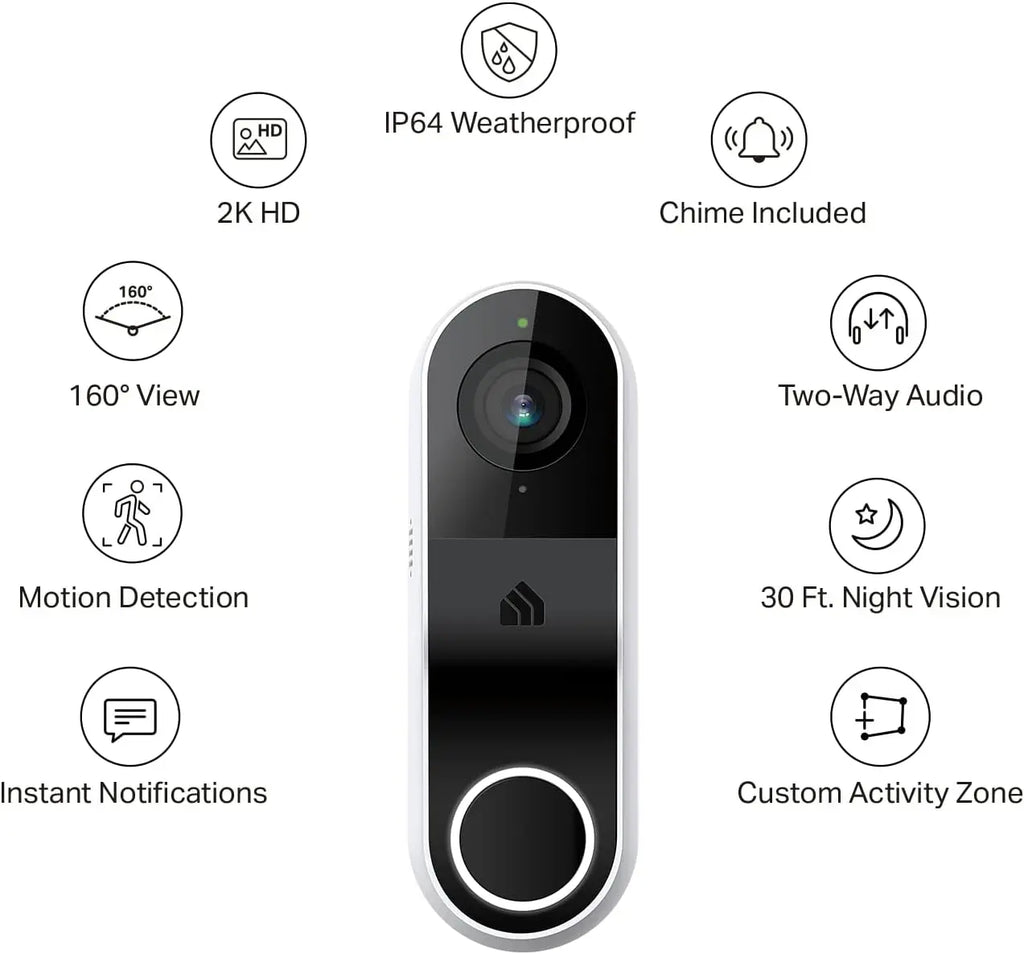 Smart Video Doorbell Camera Hardwired with Chime, 2K Resolution, Night Vision, 2-Way Audio, Works with Alexa & Google Home