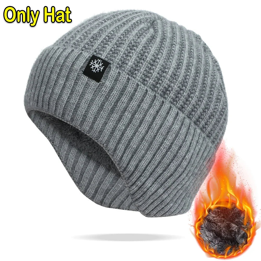 Outdoor Men Winter Knitted Hat Plush Warmth Peaked Cap Earmuff Casual Fashion Faux Fur Lined Hooded Hats Cycling Ear Protection