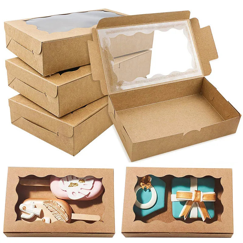 10/20Pcs Kraft Paper Cake Candy Boxes Rectangle Open Window Wedding Jewelry Chocolate Gift Packaging Boxes Baking Party Supplies