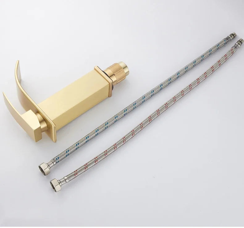 Brush Gold Waterfall Bathroom Basin Faucet Waterfall Spout Vanity Matte Gold Sink Mixers Taps Sink Faucet Tall short Style