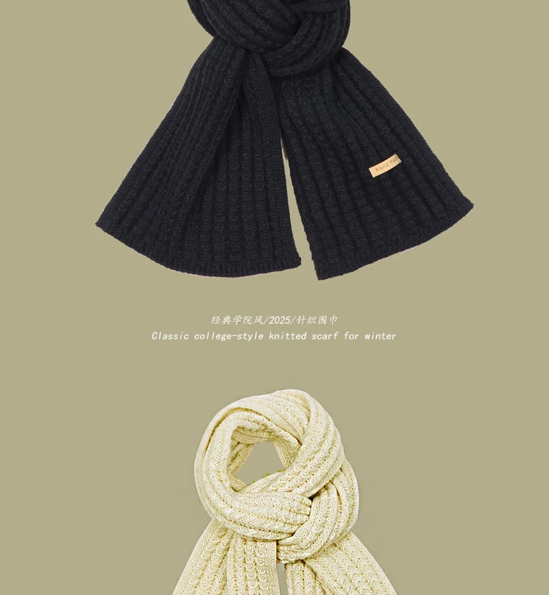 Men Women Thick Warm Knitted Scarf in Winter Autumn Wool Soft Solid Cashmere Neckerchief Simple Fashion Black Students Scarves