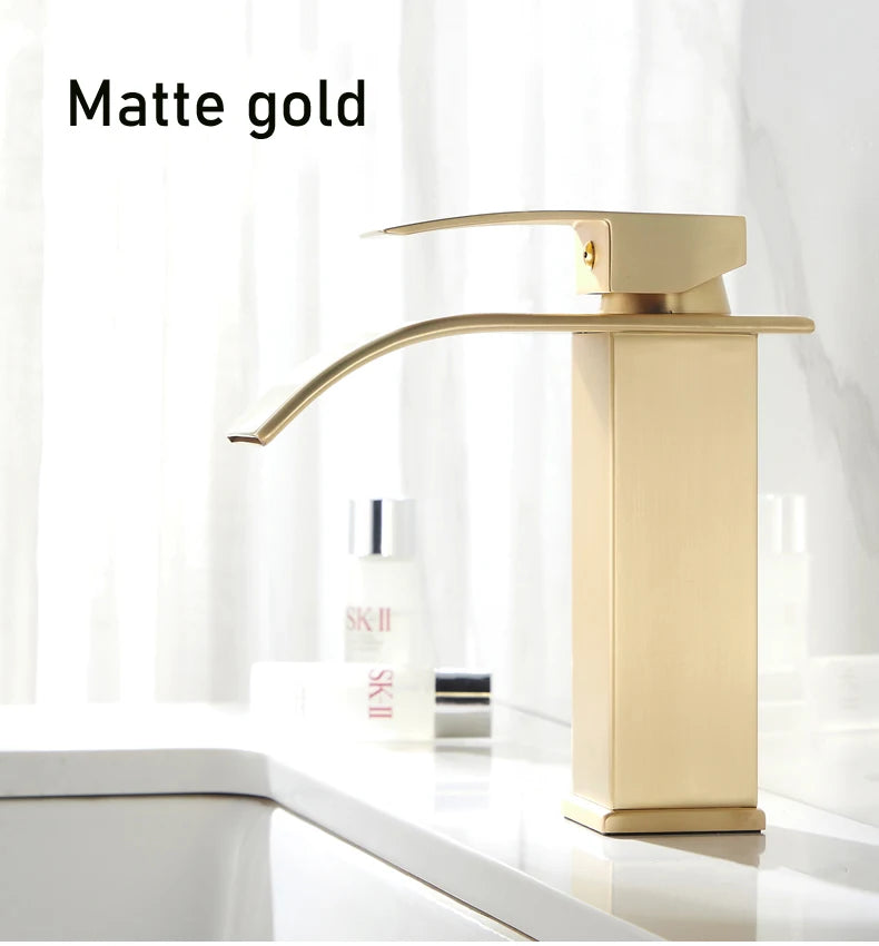 Brush Gold Waterfall Bathroom Basin Faucet Waterfall Spout Vanity Matte Gold Sink Mixers Taps Sink Faucet Tall short Style