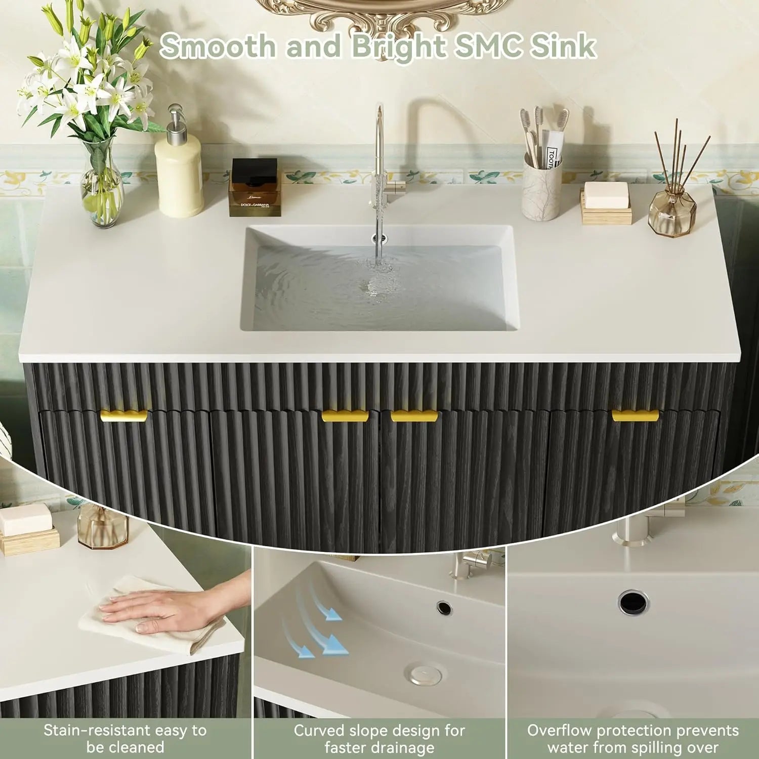 48" Fluted Bathroom Vanity Sink Freestanding Cabinet Soft Close Door 4 Drawers Modern SMC Top Black, Customized
