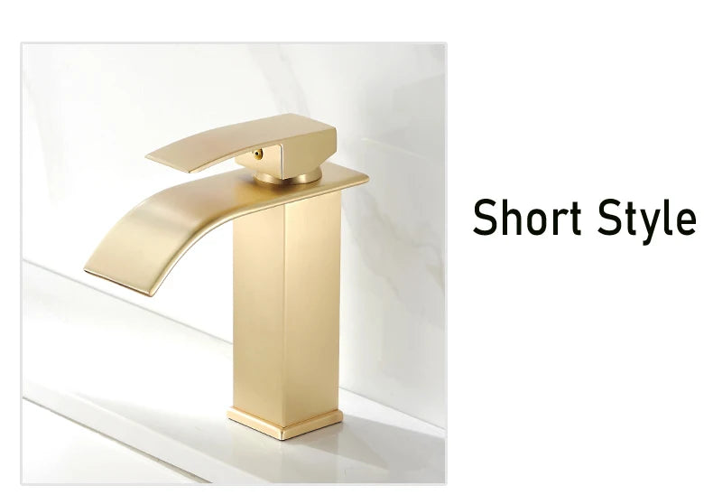 Brush Gold Waterfall Bathroom Basin Faucet Waterfall Spout Vanity Matte Gold Sink Mixers Taps Sink Faucet Tall short Style