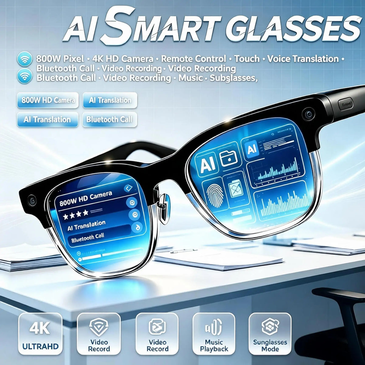 AI Smart Glasses 800W Pixel 4K HD Camera Remote Control Touch Voice Translation Bluetooth Call Video Recording Music Sunglasses