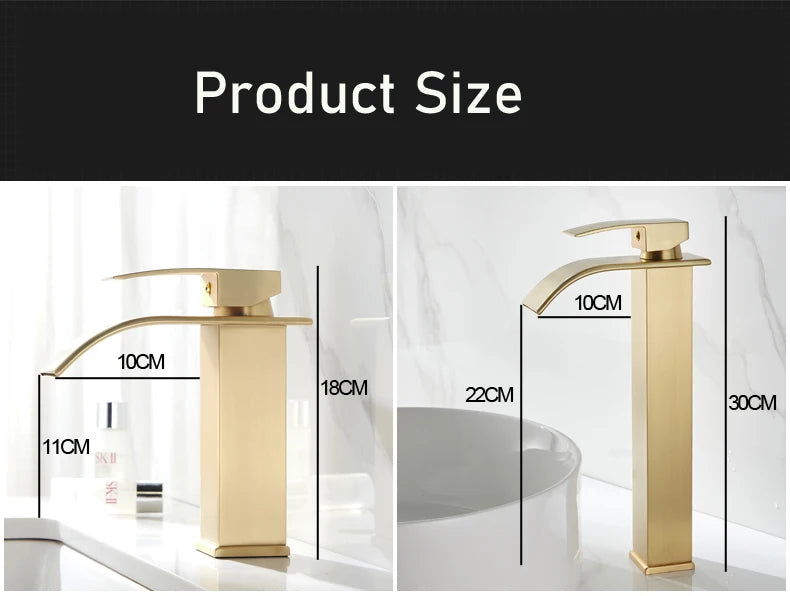Brush Gold Waterfall Bathroom Basin Faucet Waterfall Spout Vanity Matte Gold Sink Mixers Taps Sink Faucet Tall short Style