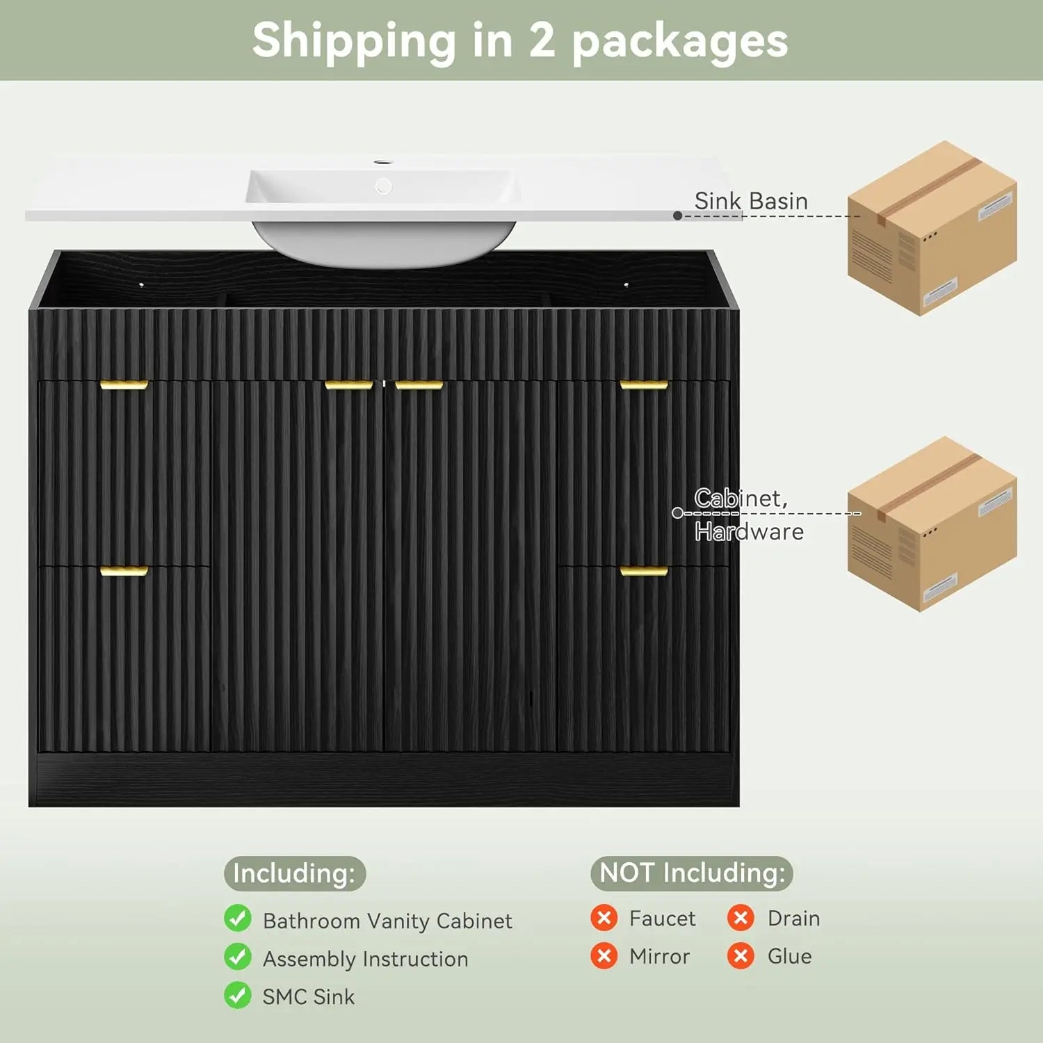 48" Fluted Bathroom Vanity Sink Freestanding Cabinet Soft Close Door 4 Drawers Modern SMC Top Black, Customized