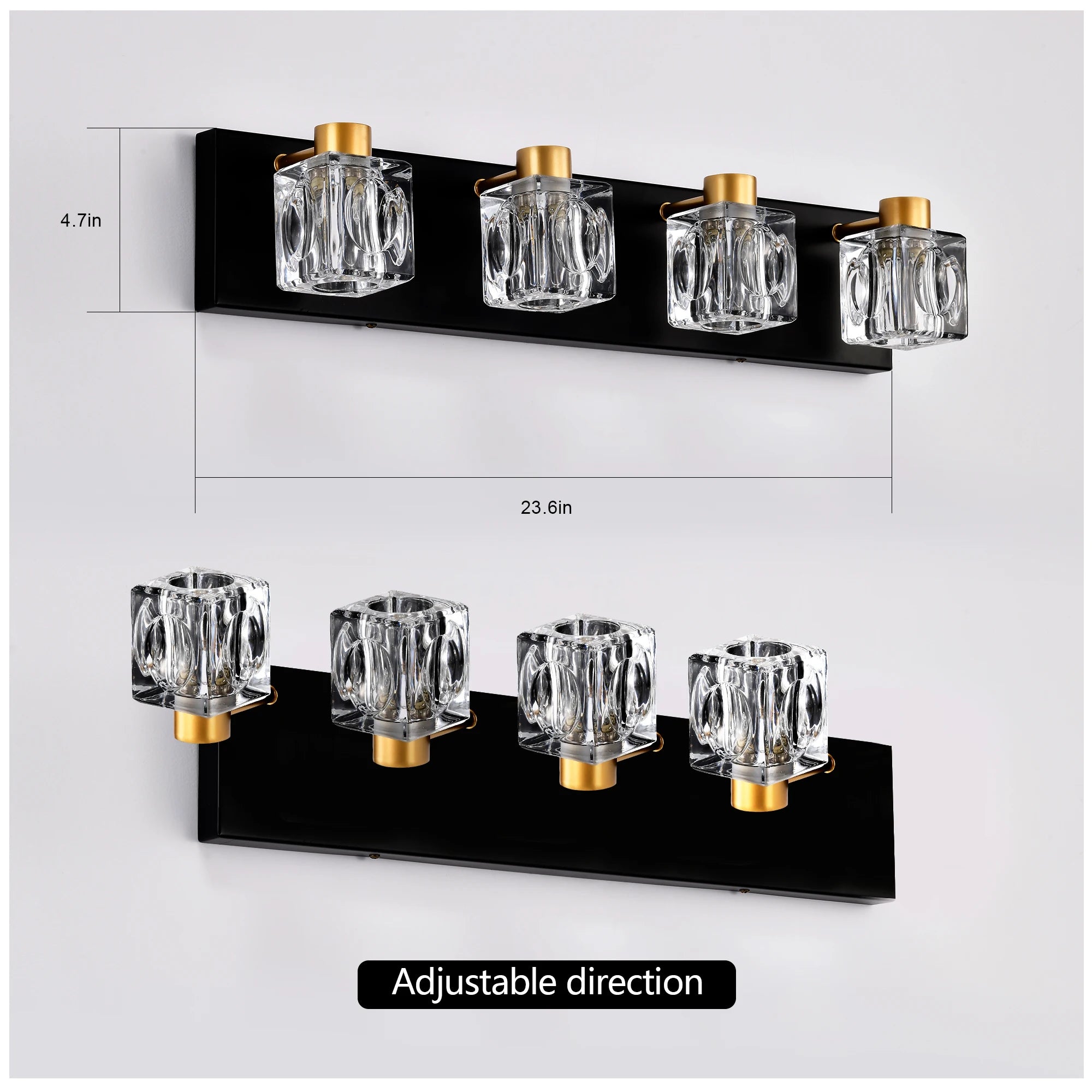 4-Light Matte Black + Gold Bathroom Light Fixtures, Modern Vanity Lights with Crystal Glass Shade, Vintage Light Fixture Bathroo