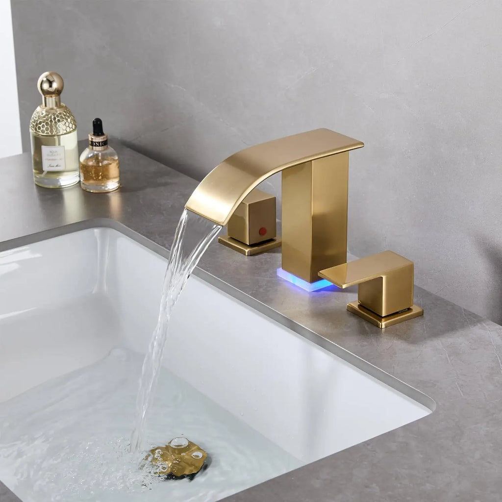 Brushed Gold 3 Hole Widespread Waterfall Vanity Faucet for Bathroom Sink, Modern Touch on Two Handle Gold Faucet
