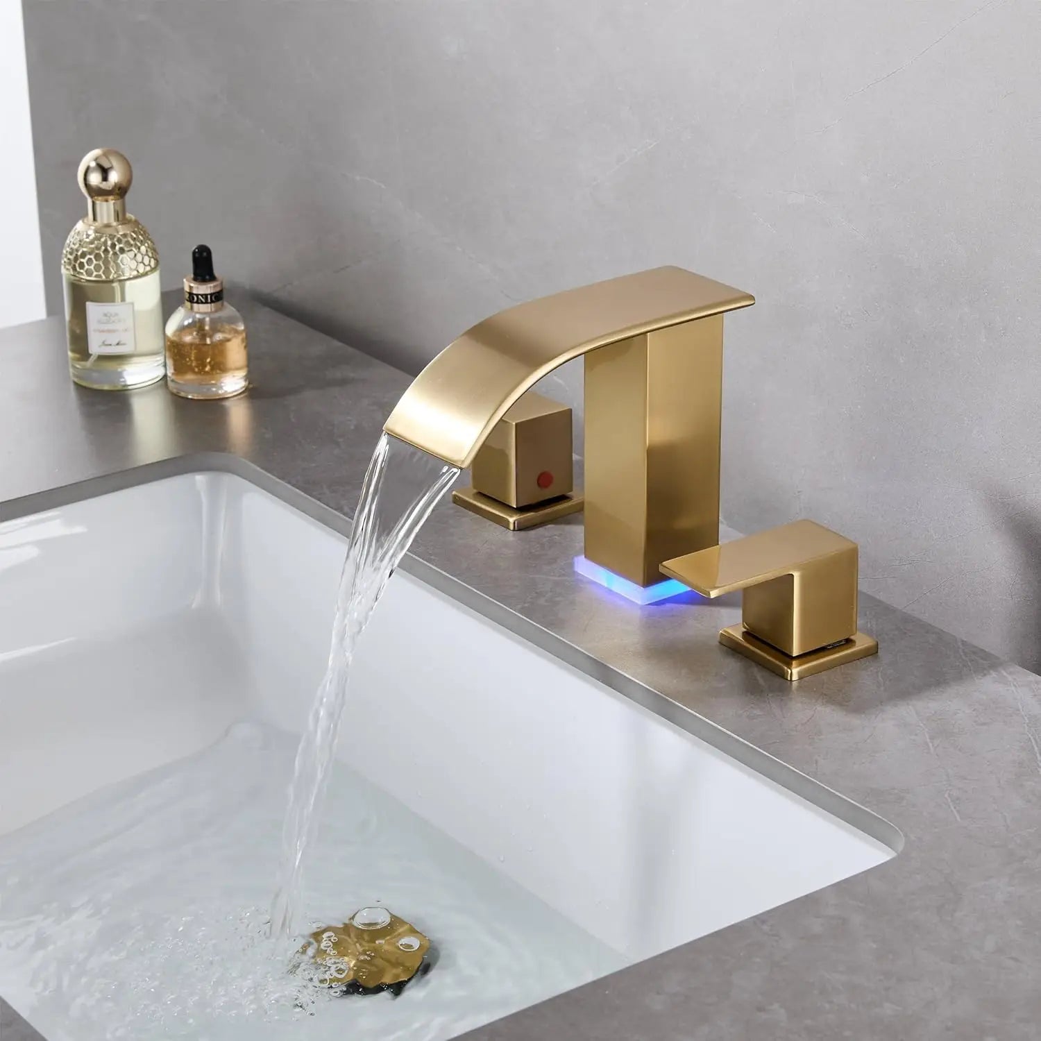 Brushed Gold 3 Hole Widespread Waterfall Vanity Faucet for Bathroom Sink, Modern Touch on Two Handle Gold Faucet