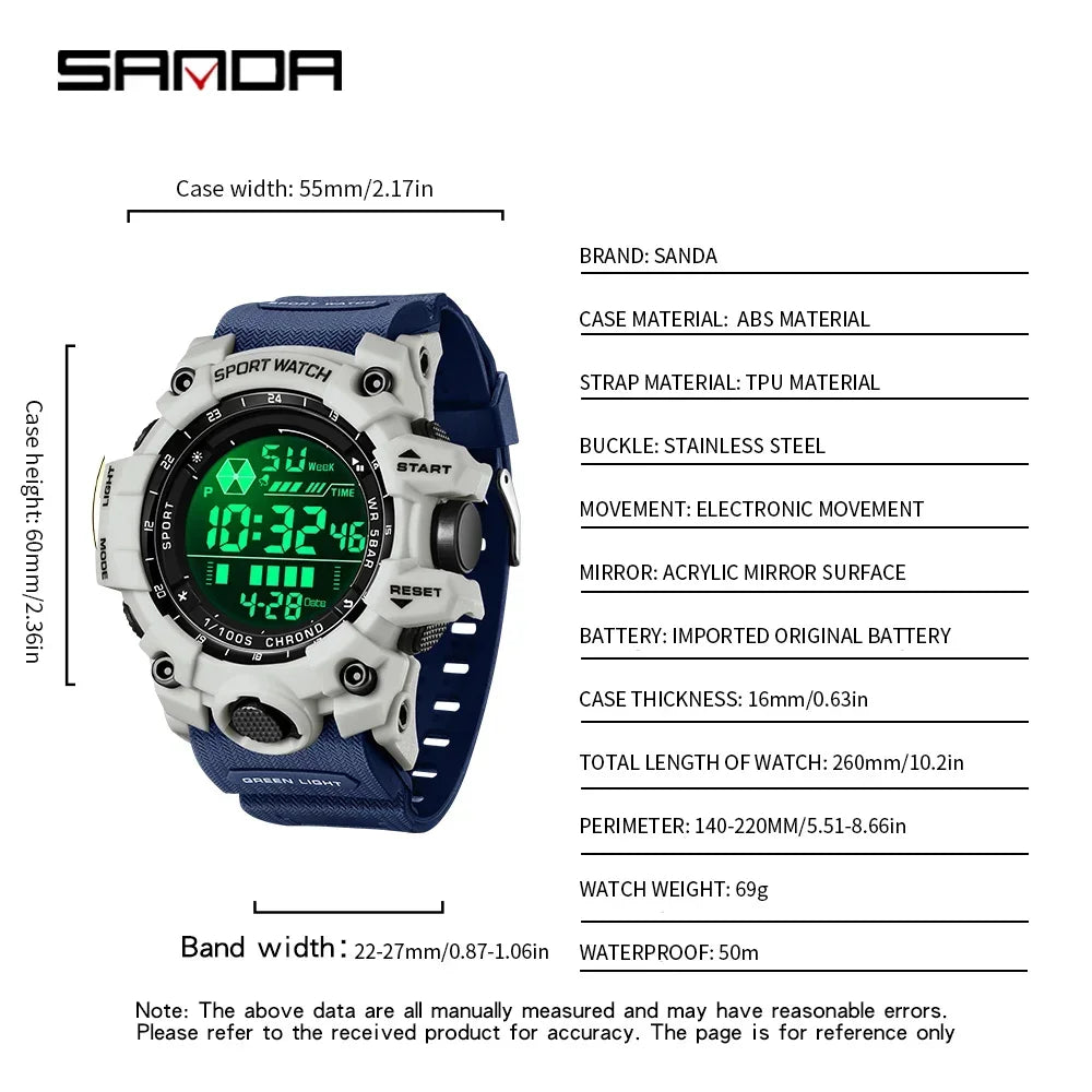 SANDA Men Outdoor Sports Watch Waterproof LED Analog Digital Show Multifunction Big Dial Electronic Wristwatch G style Male Cloc