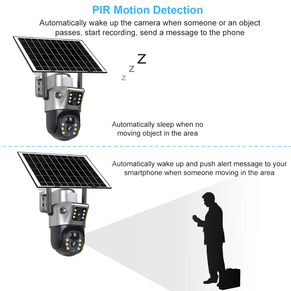 4G / WiFi Solar Camera Dual Lenses Outdoor 8MP 4K Low Power Battery IP Camera PIR Night Vision V380 Pro CCTV Security Protection