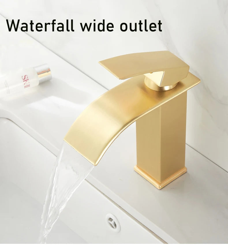 Brush Gold Waterfall Bathroom Basin Faucet Waterfall Spout Vanity Matte Gold Sink Mixers Taps Sink Faucet Tall short Style