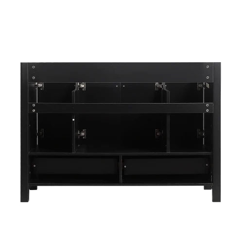 A 48 inch wide black bathroom vanity, a cabinet with 4 sliding doors and 2 drawers (excluding ceramic basin)