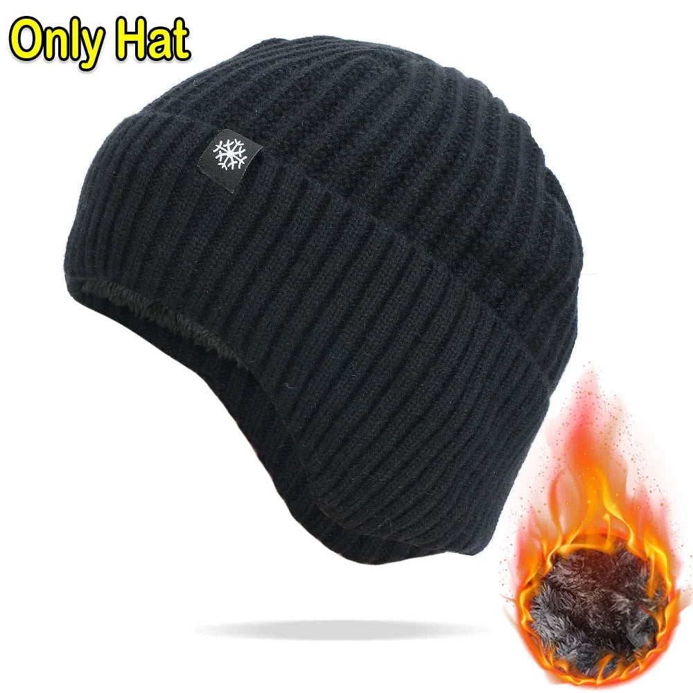 Outdoor Men Winter Knitted Hat Plush Warmth Peaked Cap Earmuff Casual Fashion Faux Fur Lined Hooded Hats Cycling Ear Protection