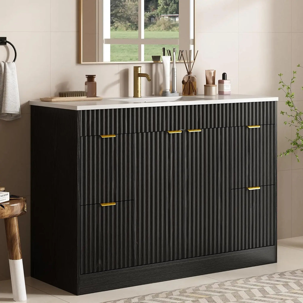 48" Fluted Bathroom Vanity Sink Freestanding Cabinet Soft Close Door 4 Drawers Modern SMC Top Black, Customized