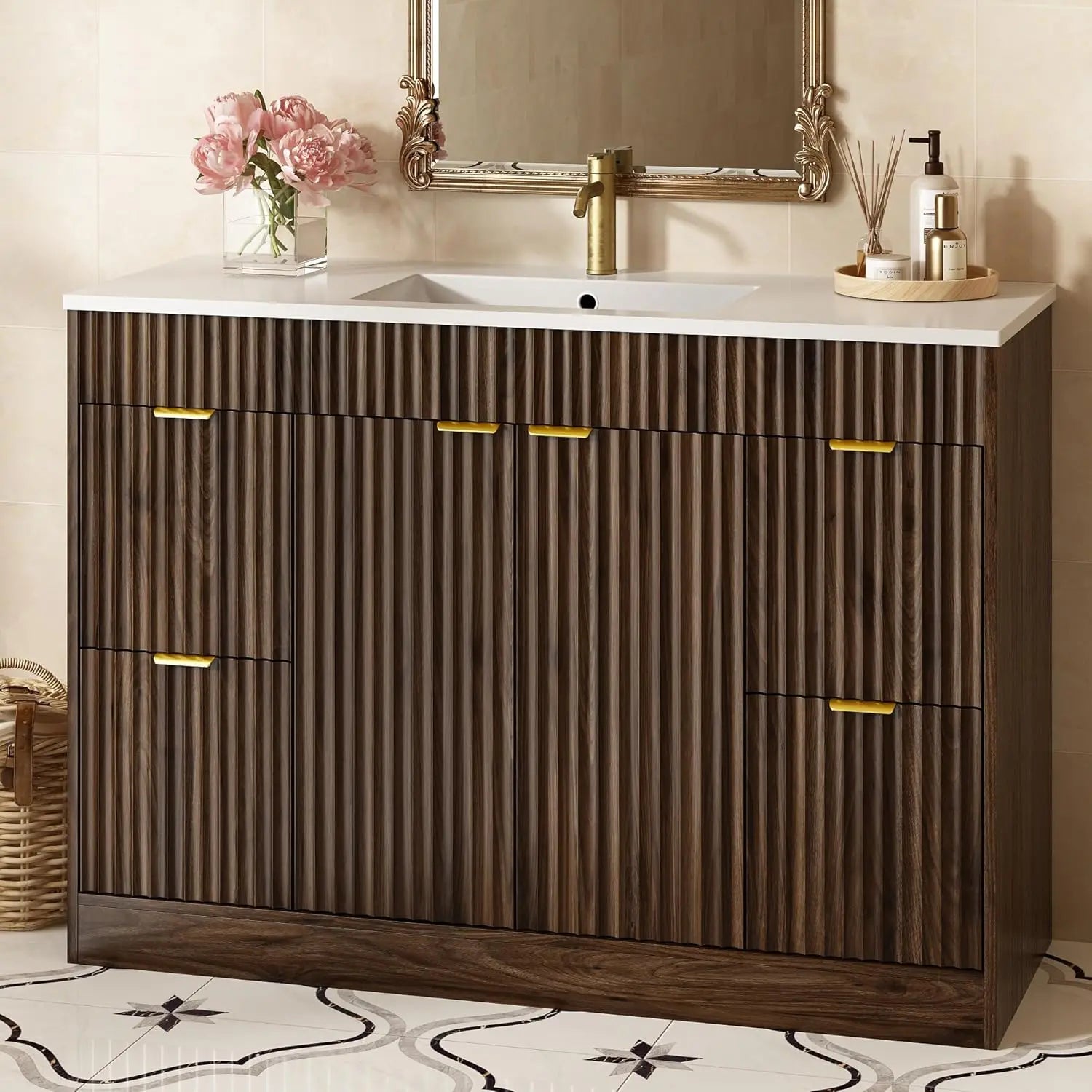 48" Fluted Bathroom Vanity Sink Freestanding Cabinet Soft Close Door 4 Drawers Modern SMC Top Black, Customized