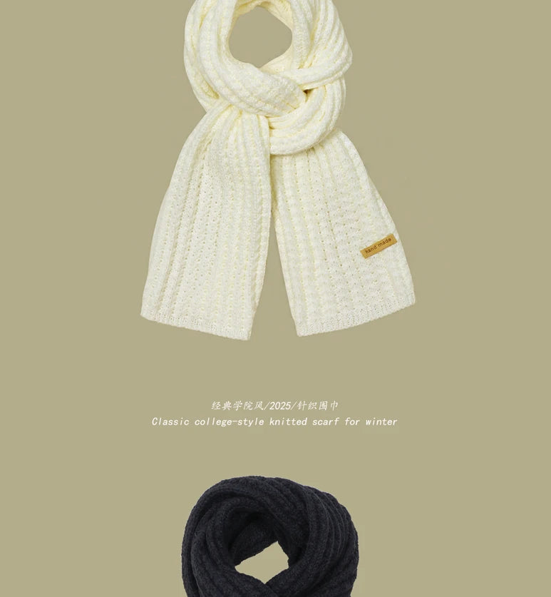 Men Women Thick Warm Knitted Scarf in Winter Autumn Wool Soft Solid Cashmere Neckerchief Simple Fashion Black Students Scarves