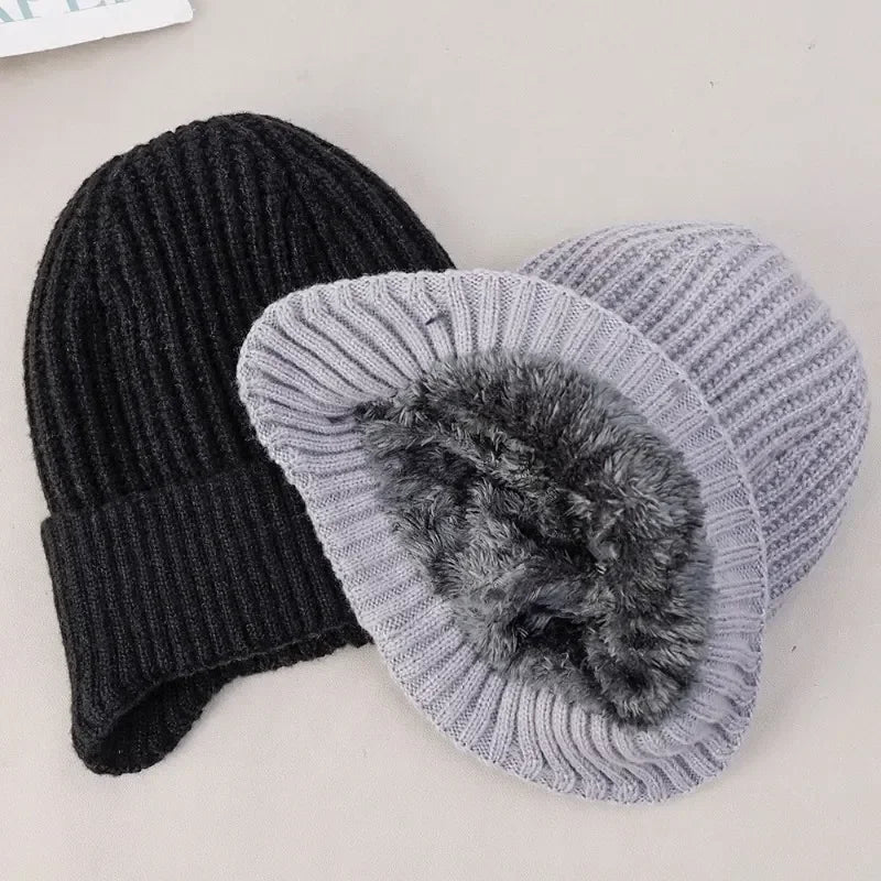Outdoor Men Winter Knitted Hat Plush Warmth Peaked Cap Earmuff Casual Fashion Faux Fur Lined Hooded Hats Cycling Ear Protection