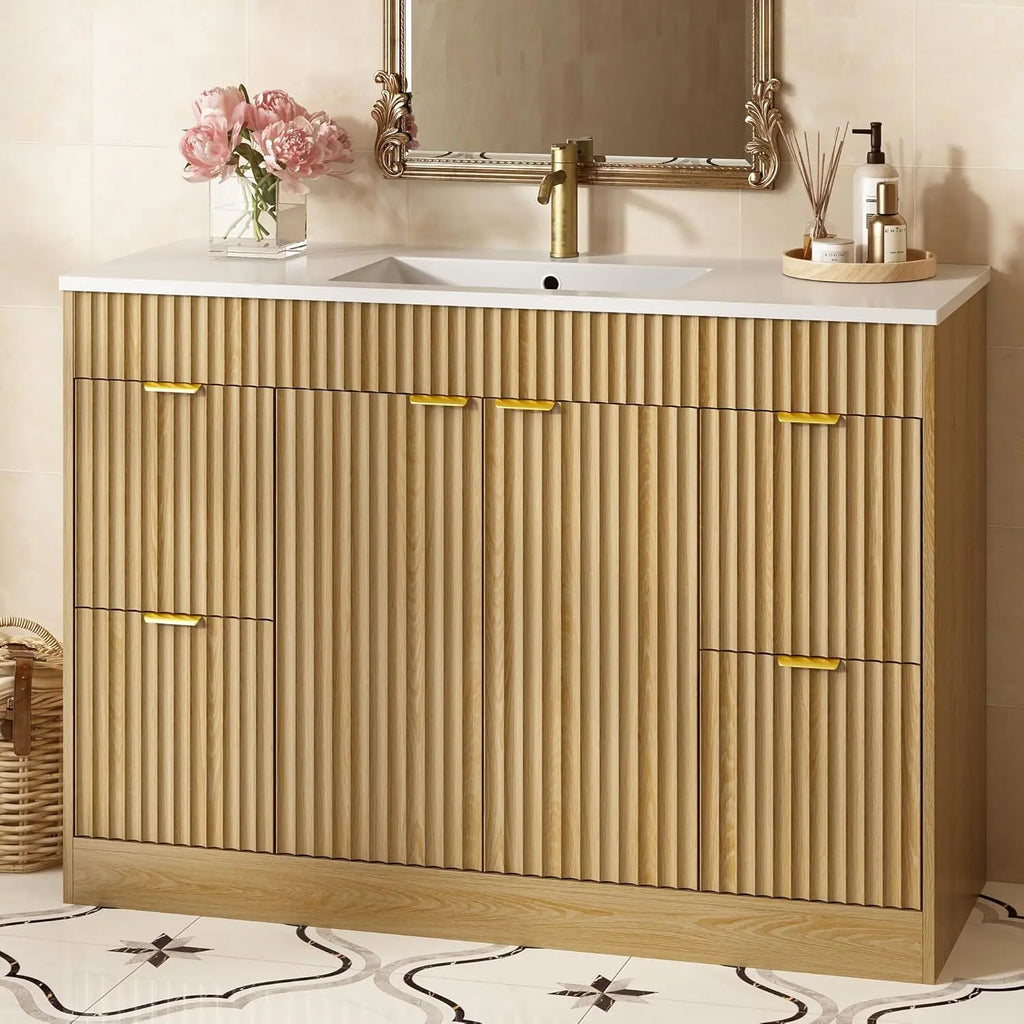 48" Fluted Bathroom Vanity Sink Freestanding Cabinet Soft Close Door 4 Drawers Modern SMC Top Black, Customized